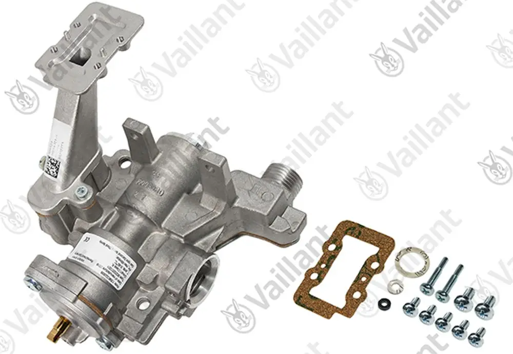 Vaillant Gasarmatur mit verschiedenen Befestigungselementen und Dichtungen, montiert auf einer Grundplatte.